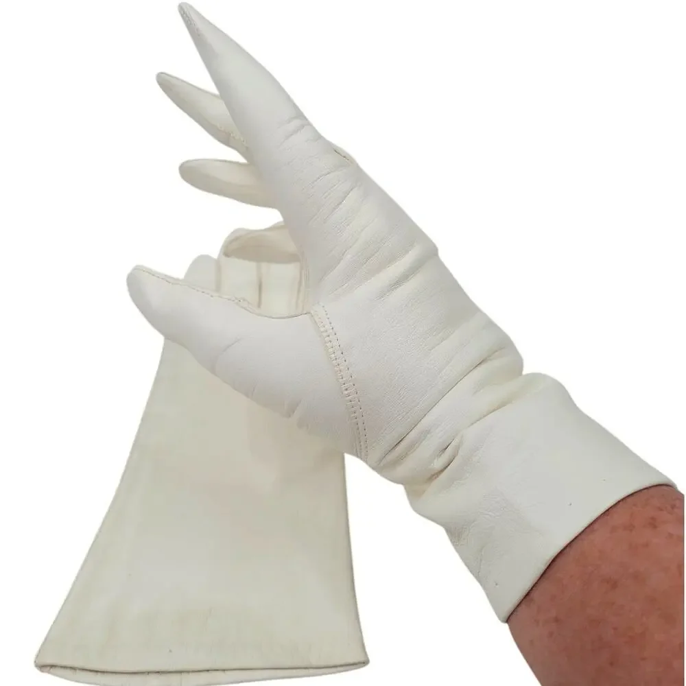 Vintage White Italian Leather Ladies Wrist Length Shorties‎ Lined Dress Gloves